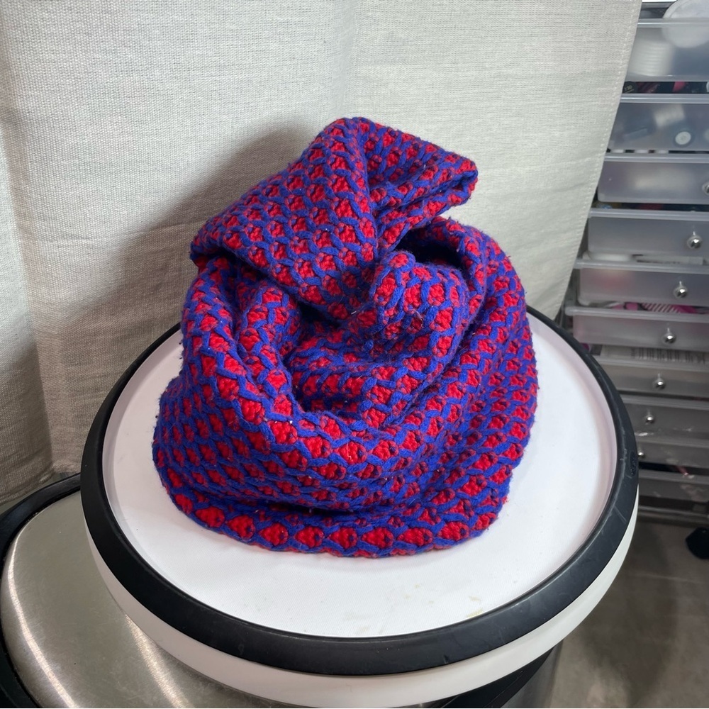 Vibrant Red and Blue Knit infinity Scarf